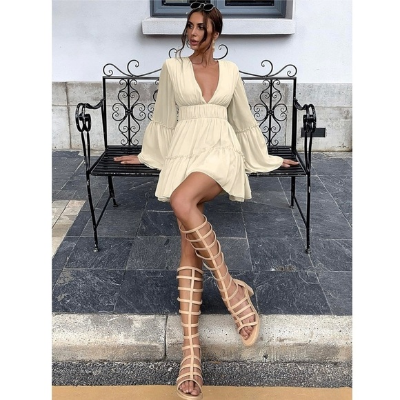 NWT Missord Cream Chiffon Ruffle Mini Dress XL Plunge V Neck Long Bell Sleeve - Picture 13 of 16